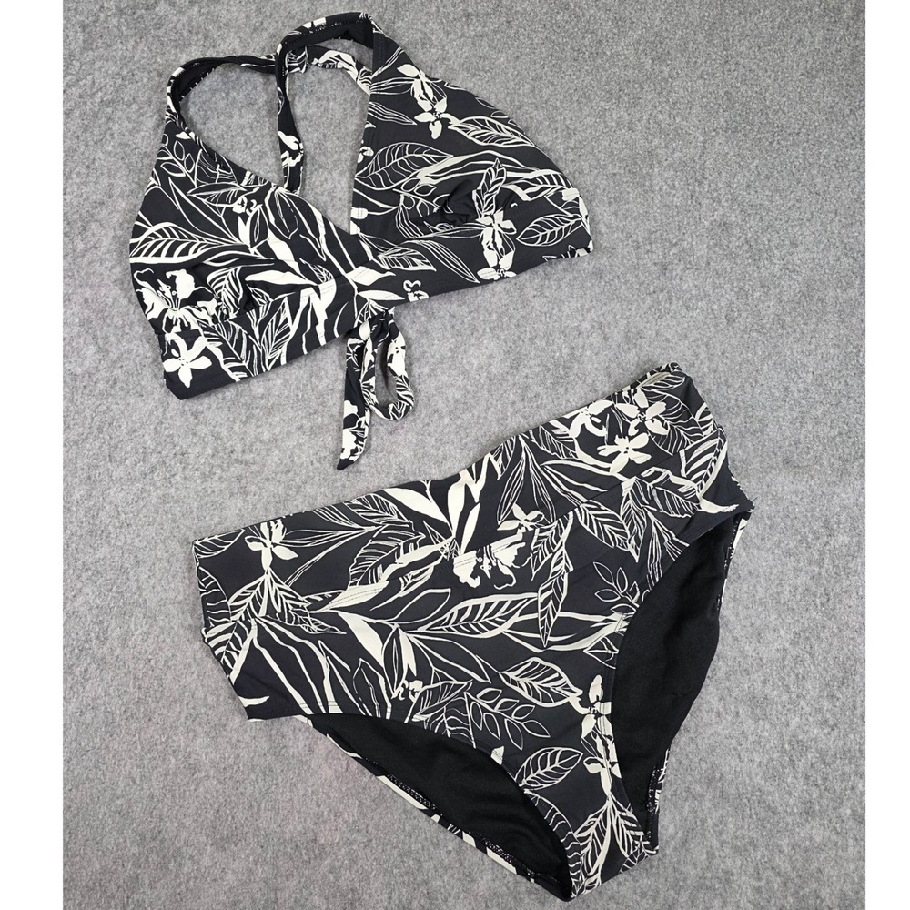 Essentials Catalina Bikini Swimsuit Black White Floral High Waist Bottoms Top XL